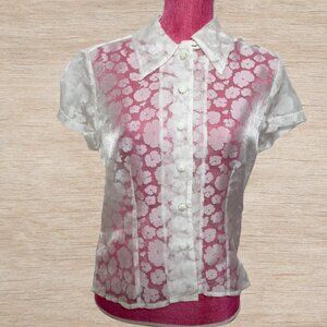 Limited White Floral Button Up See-Through Collared Blouse Size Small Workwear